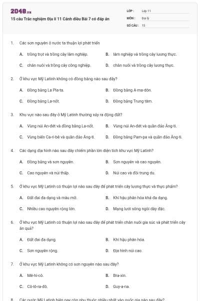 15 câu Trắc nghiệm Địa lí 11 Cánh diều Bài 7 có đáp án