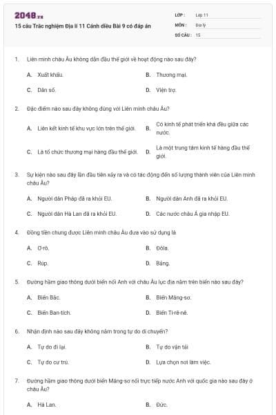 15 câu Trắc nghiệm Địa lí 11 Cánh diều Bài 9 có đáp án