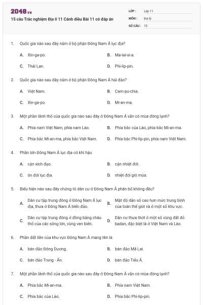 15 câu Trắc nghiệm Địa lí 11 Cánh diều Bài 11 có đáp án