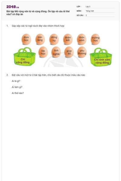 Bài tập Mở rộng vốn từ về cộng đồng. Ôn tập về câu Ai thế nào? có đáp án