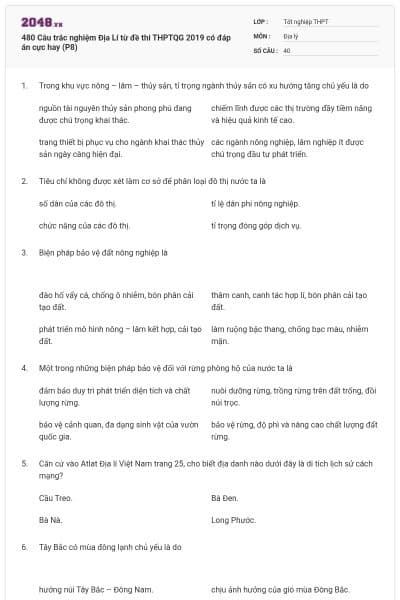 480 Câu trắc nghiệm Địa Lí từ đề thi THPTQG 2019 có đáp án cực hay (P8)