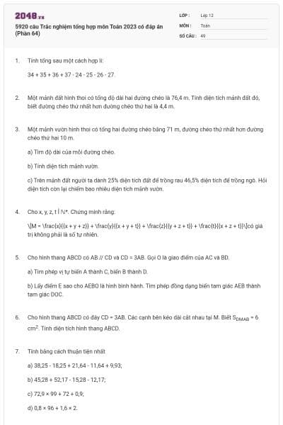 5920 câu Trắc nghiệm tổng hợp môn Toán 2023 có đáp án (Phần 64)