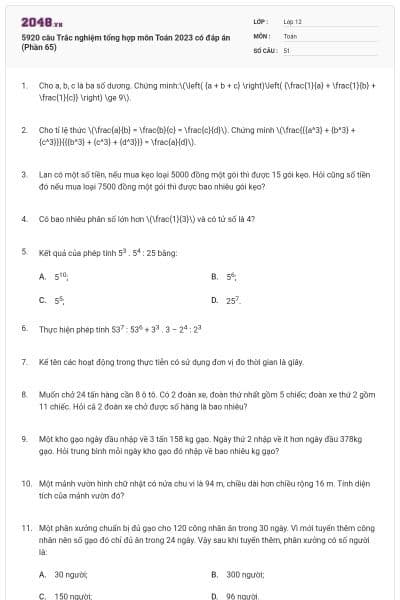 5920 câu Trắc nghiệm tổng hợp môn Toán 2023 có đáp án (Phần 65)