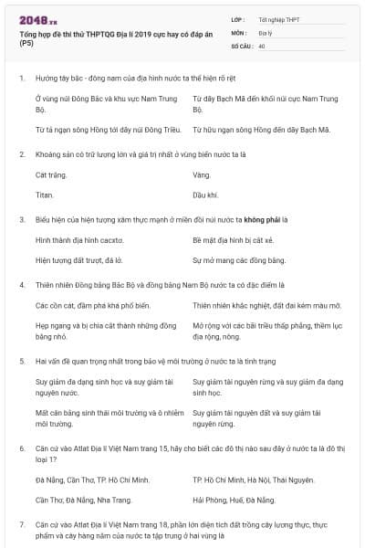 Tổng hợp đề thi thử THPTQG Địa lí 2019 cực hay có đáp án (P5)