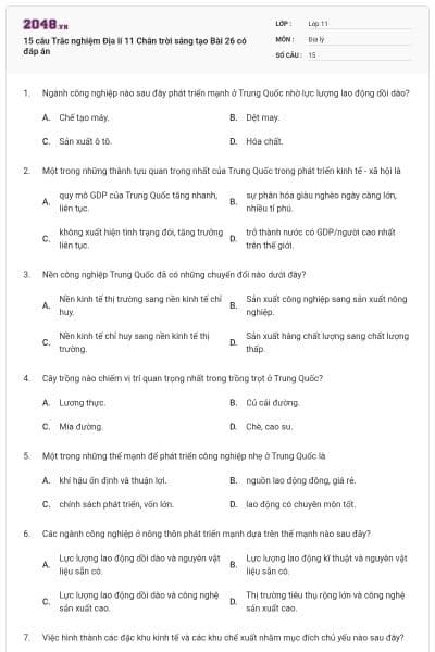 15 câu Trắc nghiệm Địa lí 11 Chân trời sáng tạo Bài 26 có đáp án