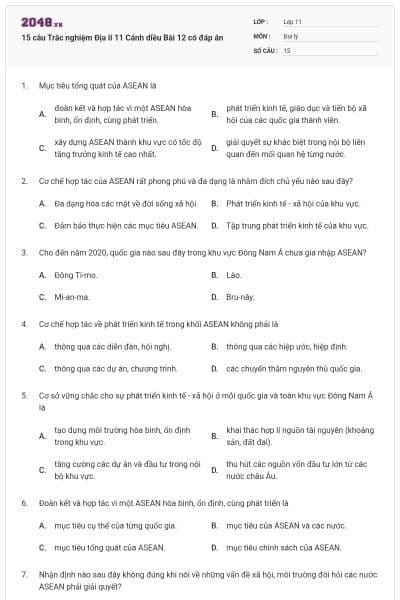 15 câu Trắc nghiệm Địa lí 11 Cánh diều Bài 12 có đáp án