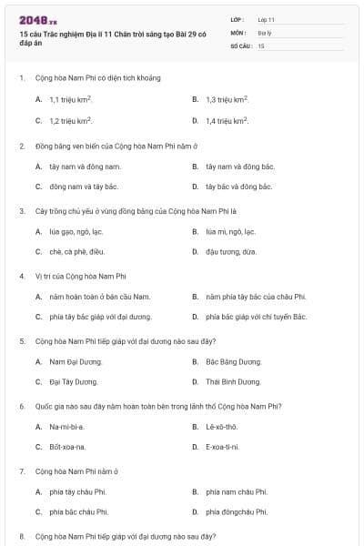 15 câu Trắc nghiệm Địa lí 11 Chân trời sáng tạo Bài 29 có đáp án