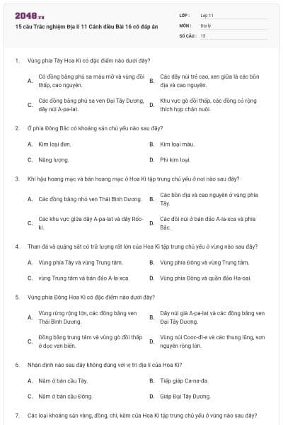 15 câu Trắc nghiệm Địa lí 11 Cánh diều Bài 16 có đáp án