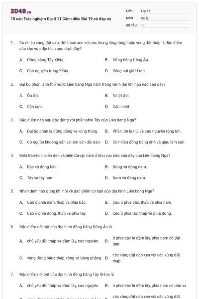 15 câu Trắc nghiệm Địa lí 11 Cánh diều Bài 19 có đáp án