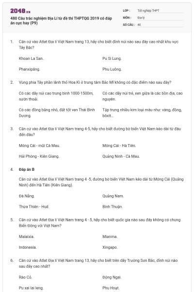 480 Câu trắc nghiệm Địa Lí từ đề thi THPTQG 2019 có đáp án cực hay (P9)