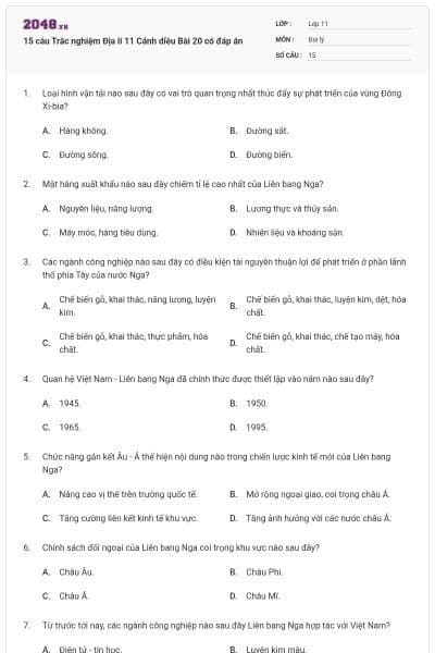 15 câu Trắc nghiệm Địa lí 11 Cánh diều Bài 20 có đáp án