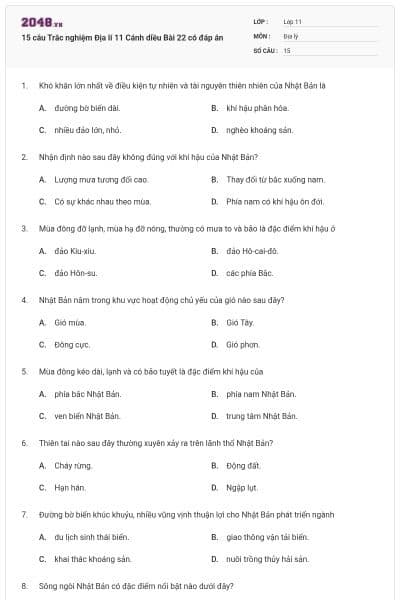 15 câu Trắc nghiệm Địa lí 11 Cánh diều Bài 22 có đáp án