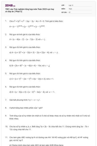 7881 câu Trắc nghiệm tổng hợp môn Toán 2023 cực hay có đáp án ( Phần 5)