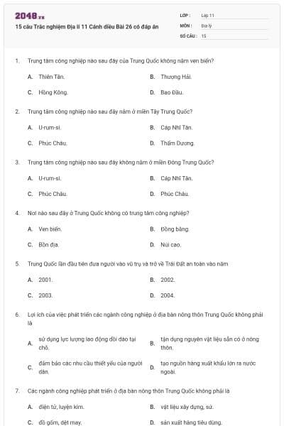 15 câu Trắc nghiệm Địa lí 11 Cánh diều Bài 26 có đáp án