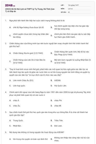 (2023) Đề thi thử Lịch sử THPT Lý Tự Trọng, Hà Tĩnh (Lần 1) có đáp án