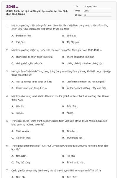 (2023) Đề thi thử Lịch sử Sở giáo dục và đào tạo Hòa Bình (Lần 1) có đáp án
