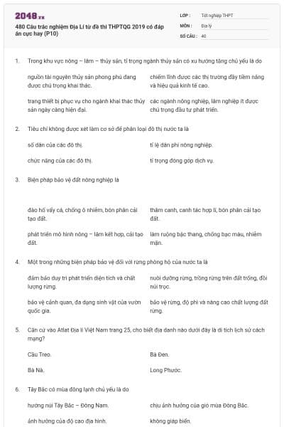 480 Câu trắc nghiệm Địa Lí từ đề thi THPTQG 2019 có đáp án cực hay (P10)