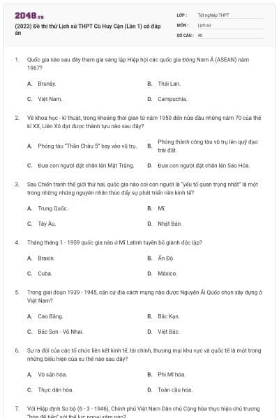 (2023) Đề thi thử Lịch sử THPT Cù Huy Cận (Lần 1) có đáp án