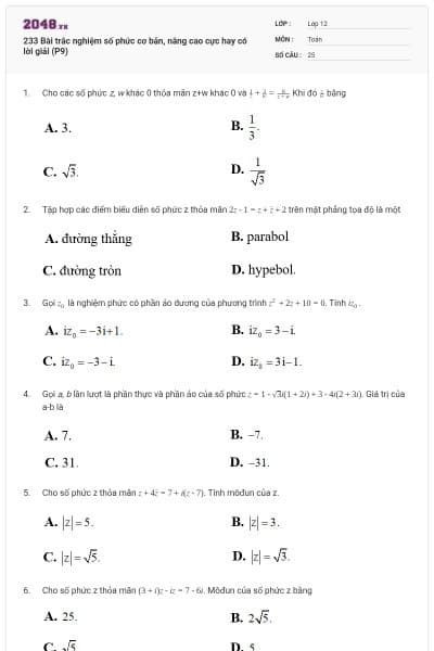 233 Bài trắc nghiệm số phức cơ bản, nâng cao cực hay có lời giải (P9)