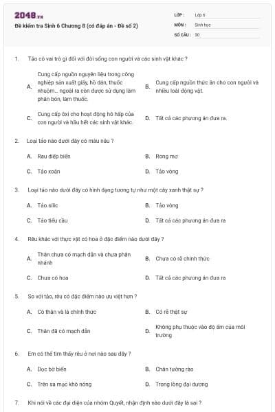 Đề kiểm tra Sinh 6 Chương 8 (có đáp án - Đề số 2)