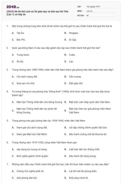 (2023) Đề thi thử Lịch sử Sở giáo dục và đào tạo Hà Tĩnh (Lần 1) có đáp án