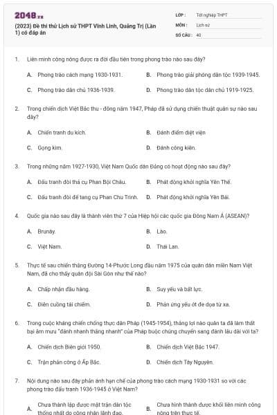 (2023) Đề thi thử Lịch sử THPT Vĩnh Linh, Quảng Trị (Lần 1) có đáp án