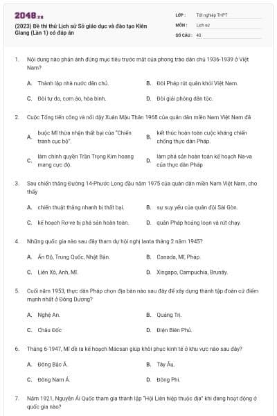 (2023) Đề thi thử Lịch sử Sở giáo dục và đào tạo Kiên Giang (Lần 1) có đáp án