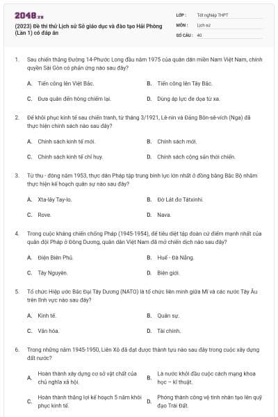 (2023) Đề thi thử Lịch sử Sở giáo dục và đào tạo Hải Phòng (Lần 1) có đáp án