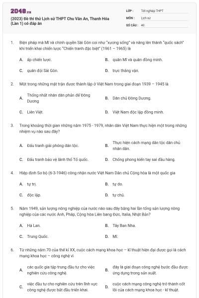 (2023) Đề thi thử Lịch sử THPT Chu Văn An, Thanh Hóa (Lần 1) có đáp án