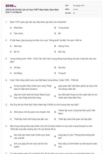 (2023) Đề thi thử Lịch sử Cụm THPT Nam Định, Nam Định (Lần 1) có đáp án