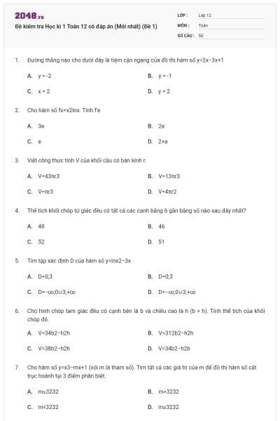 Đề kiểm tra Học kì 1 Toán 12 có đáp án (Mới nhất) (Đề 1)