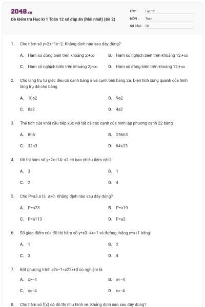 Đề kiểm tra Học kì 1 Toán 12 có đáp án (Mới nhất) (Đề 2)
