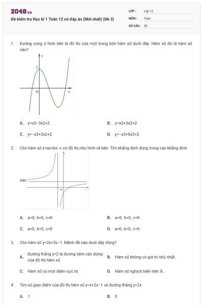 Đề kiểm tra Học kì 1 Toán 12 có đáp án (Mới nhất) (Đề 3)