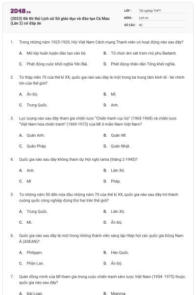 (2023) Đề thi thử Lịch sử Sở giáo dục và đào tạo Cà Mau (Lần 2) có đáp án