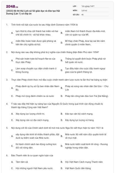 (2023) Đề thi thử Lịch sử Sở giáo dục và đào tạo Hải Dương (Lần 1) có đáp án