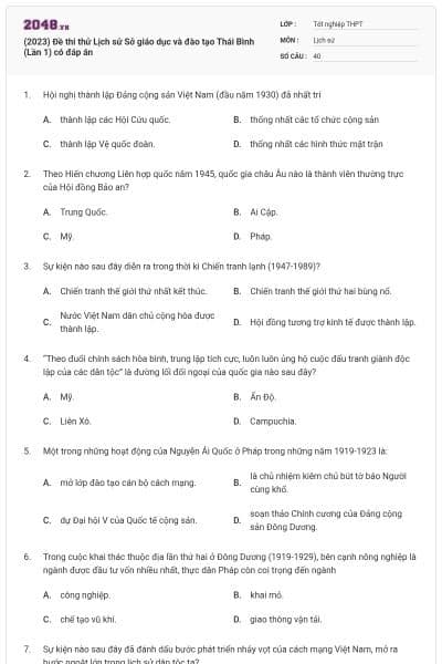 (2023) Đề thi thử Lịch sử Sở giáo dục và đào tạo Thái Bình (Lần 1) có đáp án
