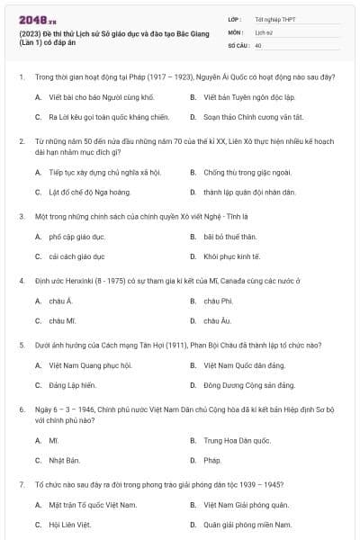 (2023) Đề thi thử Lịch sử Sở giáo dục và đào tạo Bắc Giang (Lần 1) có đáp án