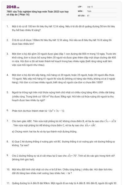 7881 câu Trắc nghiệm tổng hợp môn Toán 2023 cực hay có đáp án ( Phần 16)