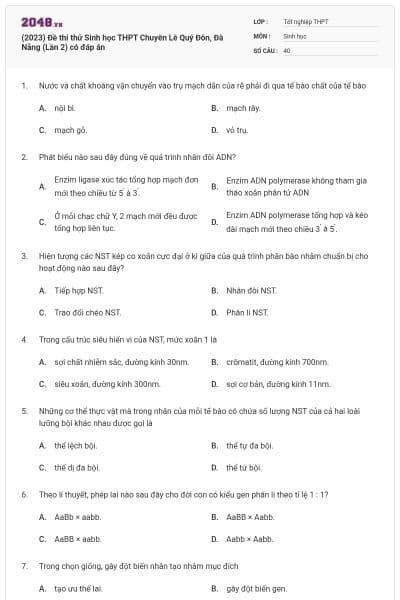 (2023) Đề thi thử Sinh học THPT Chuyên Lê Quý Đôn, Đà Nẵng (Lần 2) có đáp án