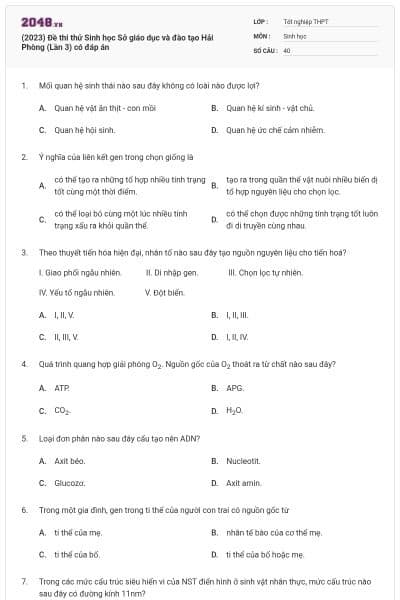 (2023) Đề thi thử Sinh học Sở giáo dục và đào tạo Hải Phòng (Lần 3) có đáp án