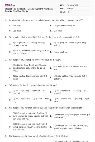 (2023) Đề thi thử Sinh học Liên trường THPT Yên Thành, Nghệ An (Lần 1) có đáp án