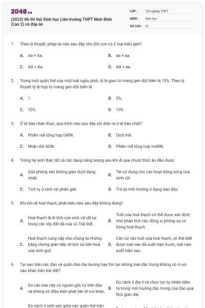 (2023) Đề thi thử Sinh học Liên trường THPT Ninh Bình (Lần 2) có đáp án