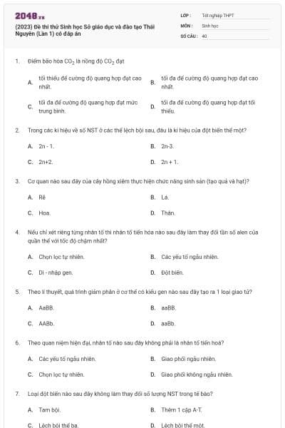 (2023) Đề thi thử Sinh học Sở giáo dục và đào tạo Thái Nguyên (Lần 1) có đáp án