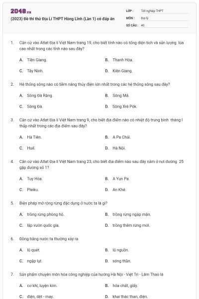 (2023) Đề thi thử Địa Lí THPT Hồng Lĩnh (Lần 1) có đáp án