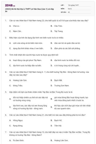 (2023) Đề thi thử Địa Lí THPT Lê Văn Hưu (Lần 1) có đáp án