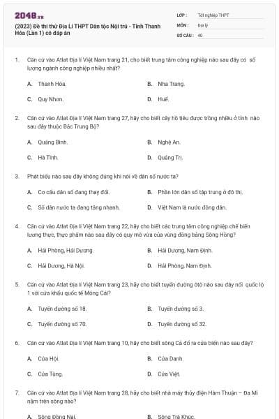 (2023) Đề thi thử Địa Lí THPT Dân tộc Nội trú - Tỉnh Thanh Hóa (Lần 1) có đáp án