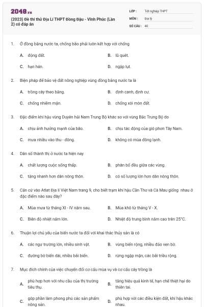 (2023) Đề thi thử Địa Lí THPT Đồng Đậu - Vĩnh Phúc (Lần 2) có đáp án