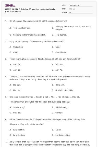 (2023) Đề thi thử Sinh học Sở giáo dục và đào tạo Sơn La (Lần 1) có đáp án