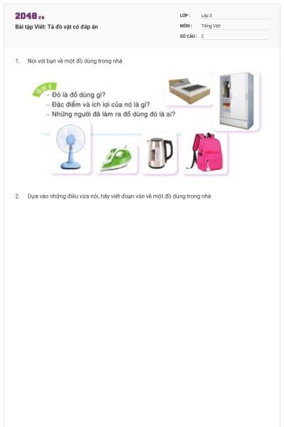 Bài tập Viết: Tả đồ vật có đáp án