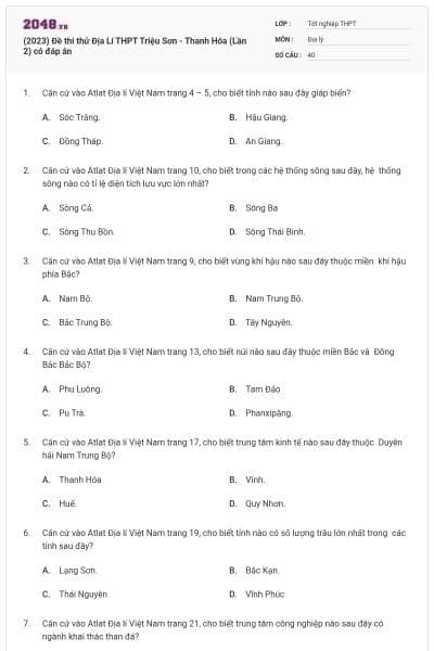 (2023) Đề thi thử Địa Lí THPT Triệu Sơn - Thanh Hóa (Lần 2) có đáp án